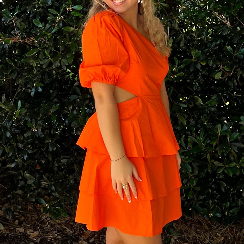 vestique Orange One-Shoulder Tiered Mini Dress